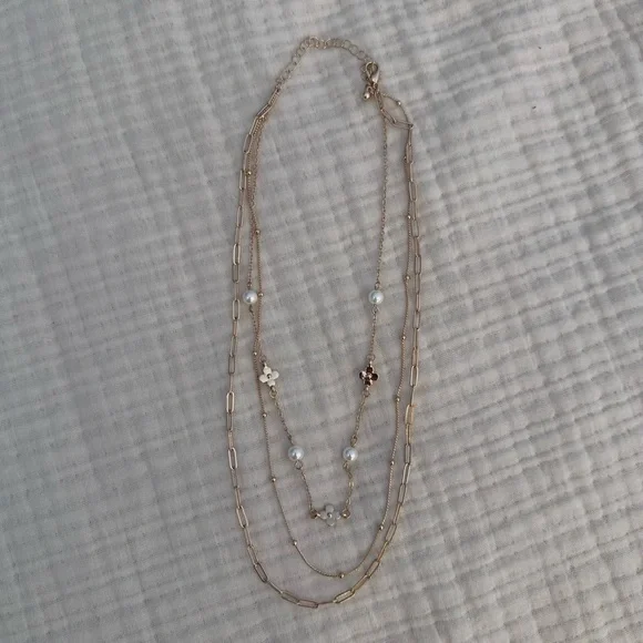 Gold-Tone Multi-Layer Stacked Chain Necklace With Faux Pearls & Heart Charms - Picture 1 of 4